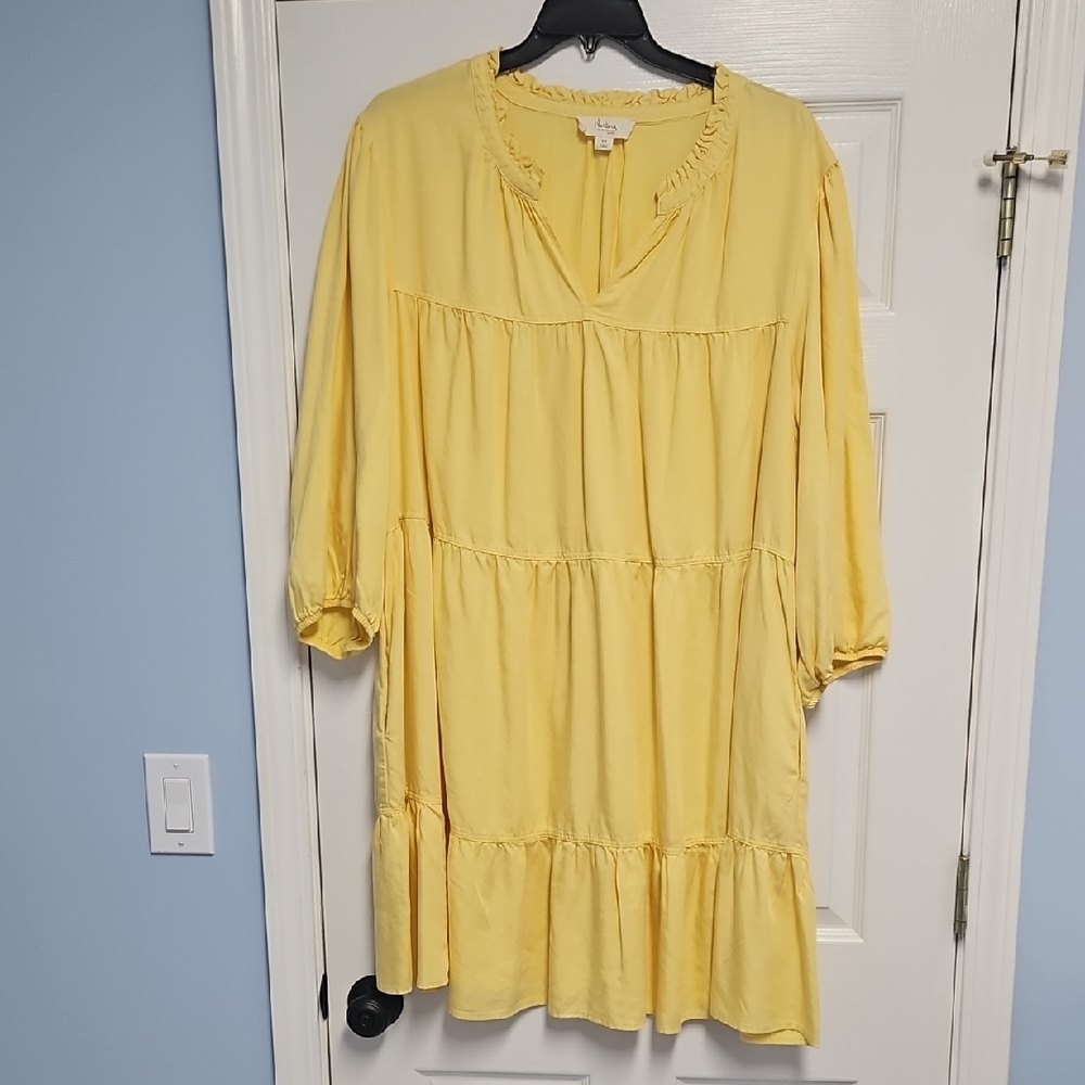 Nurture Plus Size 3/4 Sleeve V-neck Tiered Midi Lightweight Dress: Yellow: 3X